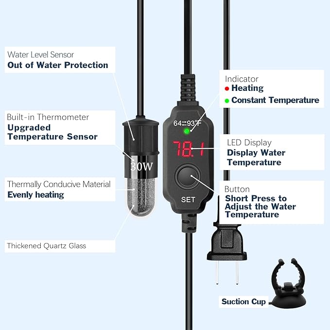 Adjustable Mini Aquarium Heater 0.5/1/2/3 Gallon Submersible Small Fish Tank Heater 10W/20W/30W Digital Display Thermostat External Temperature Controller(30W)