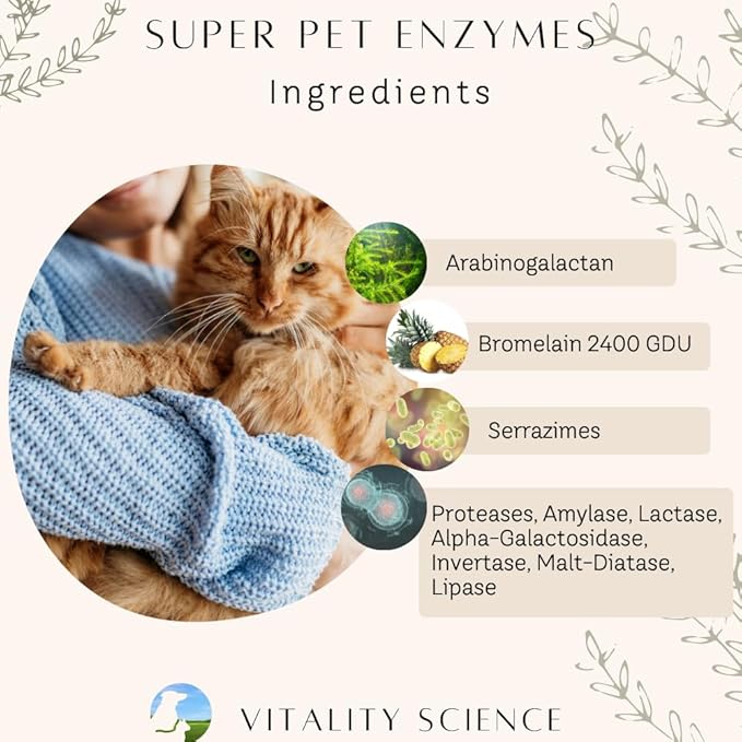 All Natural Super Pet Enzymes for Cats | Complete Spectrum of Digestive Enzymes | Helps Cat Diarrhea, Constipation, Digestion, Allergy & Immunity