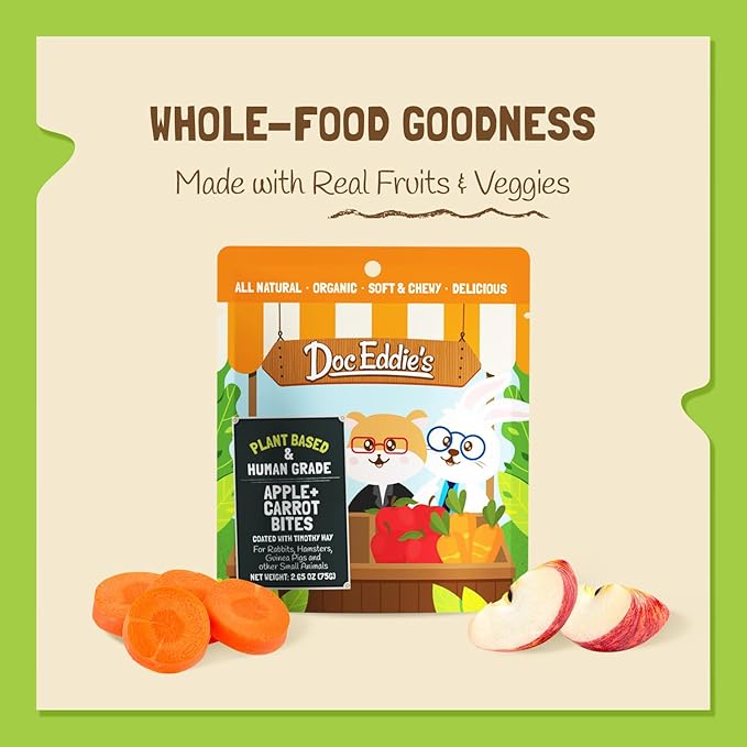 DOC EDDIE'S Apples+Carrots Small Animal Treats or Snack for Hamster, Guinea Pig, Rabbit, Chinchilla, Bunny, Gerbil, Mouse, Rat, Hedgehog, or Squirrel - 5oz - Made with Real Fruit, Organic Ingredients