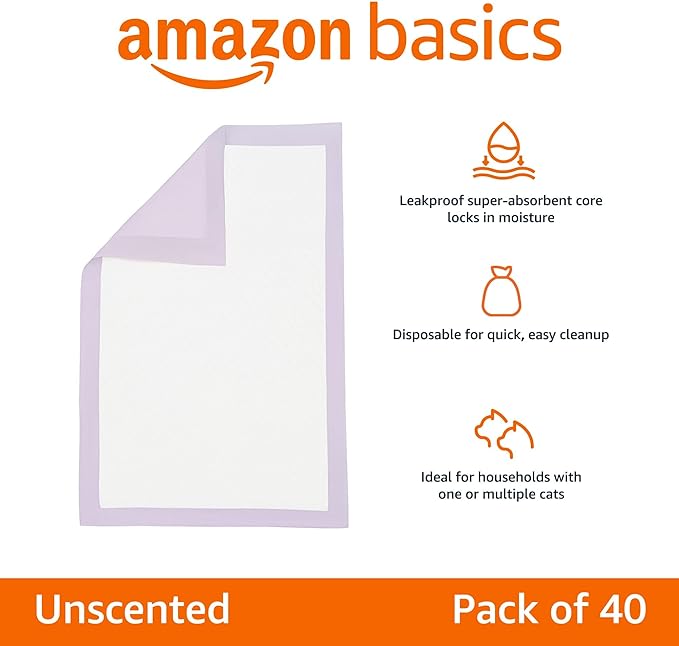 Amazon Basics Cat Pad Refills for Litter Box, Unscented, Pack of 40, Purple and White