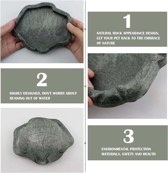 Reptile Water Dish Bowl Resin Rock Reptile Food and Water Feeder Pet Aquarium Ornament Terrarium Plate for Tortoise Lizard (Dark Green Small)