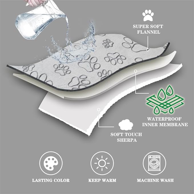 Qeils Dog Blankets for Large Dogs - Waterproof Pet Blanket Washable - Sherpa Fleece Puppy Blanket, Soft Plush Reversible Dog Blanket, Couch Cover for Dogs Washable, 30"X70", Grey Paw Print