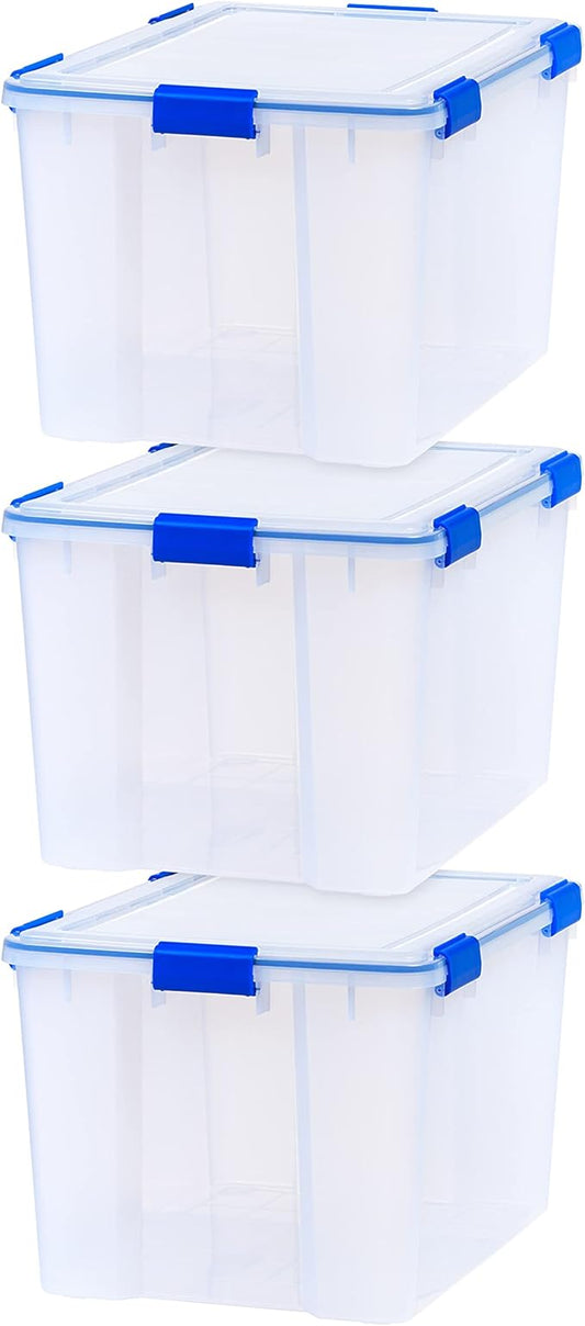 IRIS USA 74 Qt Storage Box with Gasket Seal Lid, 3 Pack - BPA-Free, Made in USA - Heavy Duty Moving Containers with Tight Latch, Weather Proof Tote Bin, WEATHERPRO - Clear/Blue