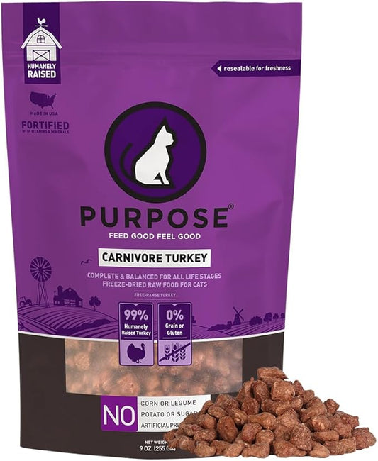 PURPOSE Freeze Dried Raw Cat Food, Turkey Mini Nibs Entree, 9 oz - High Protein, USA Made