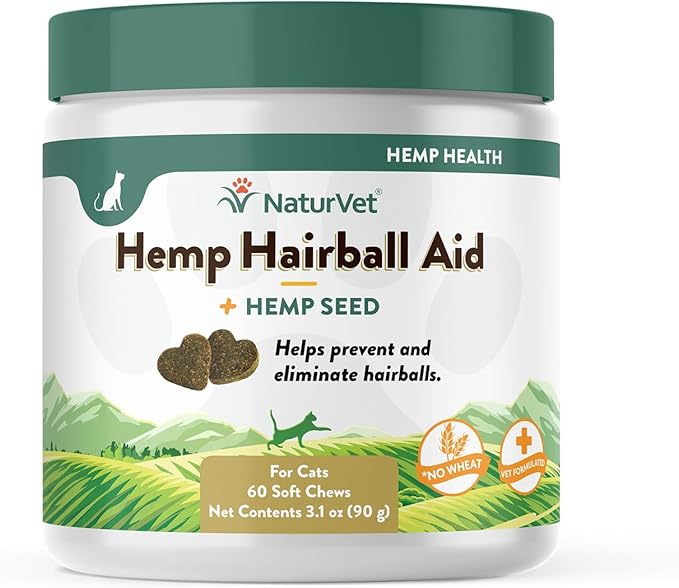 NaturVet Hemp Hairball Aid Plus Hemp Seed for Cats, 60 ct Soft Chews, Made in The USA