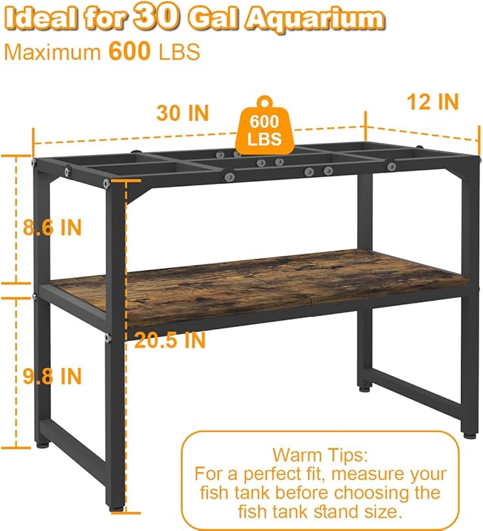 30 Gallon Fish Tank Stand with Shelf for Accessories Storage, 2 Tiers Heavy Duty Metal Aquarium Stand, Breeder Tank Turtle Reptile Terrariums Stand Rack for Home Office, 30" L x 12" W, Black