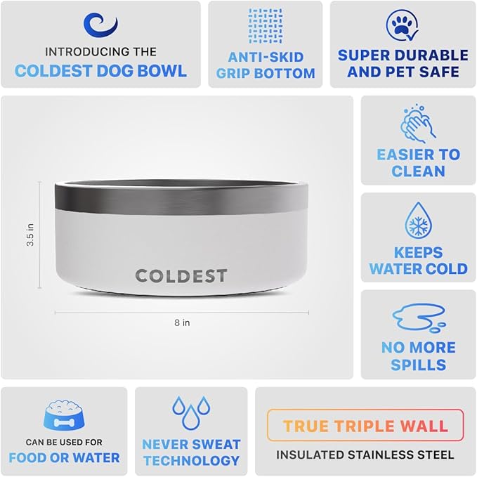 Coldest Dog Bowl - Anti Rust Metal & Non Slip Dog Bowls Large, Spill Proof Heavy Duty 3 Layers Insulated Dog Bowl - Food and Water Bowl for Dogs, Cats & Pets, Dishwasher Safe (64 oz, Epic White)