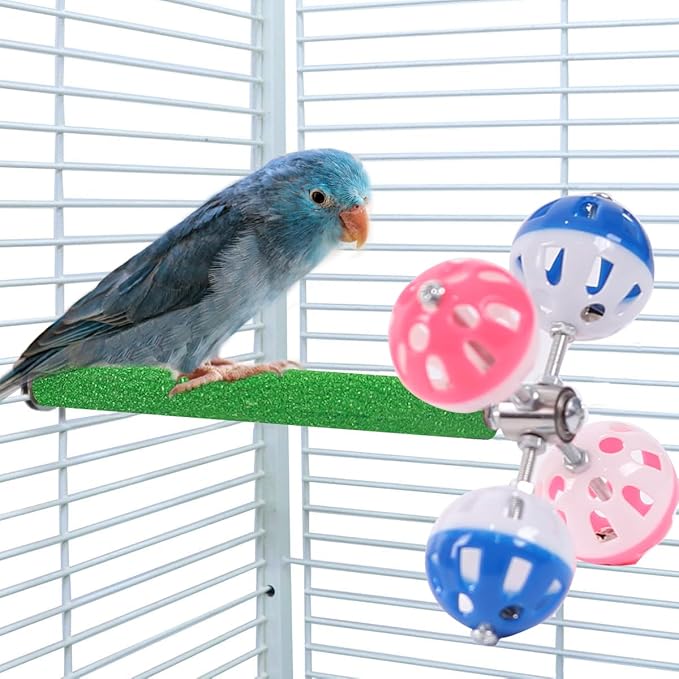 Perch Toy with Rotating Balls Suit for Small and Medium Birds, Budgies, Budgerigars, Parakeets, Parrots, Cockatiels, Parrotlets, Lovebirds, Ringnecks, Conures (Natural Quartz Sands, Green)