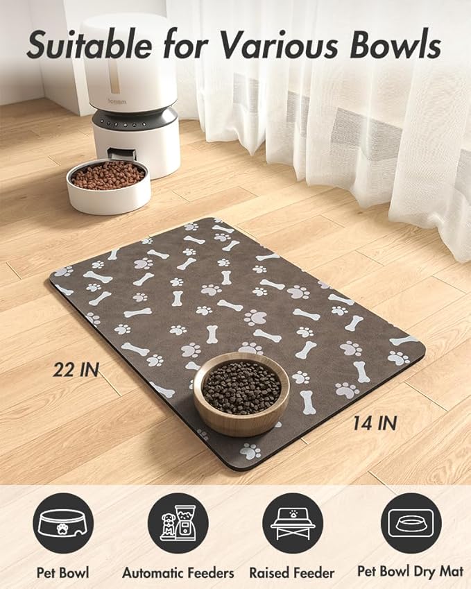 Pet Feeding Mat-Absorbent Dog Food Mat-Dog Mat for Food and Water-No Stains Quick Dry Dog Water Dispenser Mat-Pet Supplies-Dog Placemat Dog Water Bowl for Messy Drinkers (14"x22", Brown)