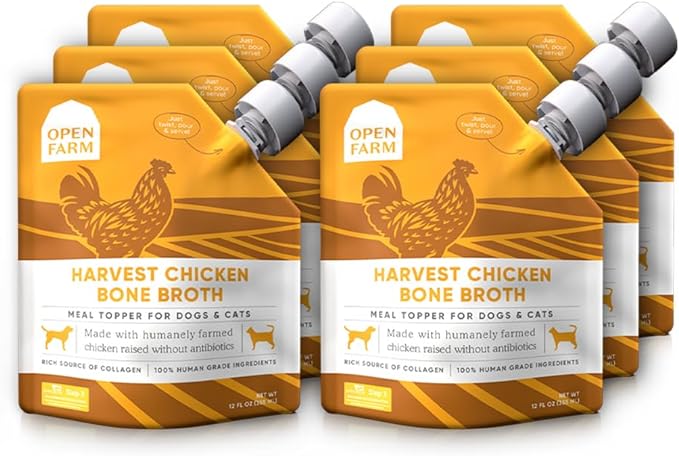 Open Farm Bone Broth, Food Topper for Both Dogs and Cats with Responsibly Sourced Meat and Superfoods without Artificial Flavors or Preservatives, 72oz (6 Pack Harvest Chicken)