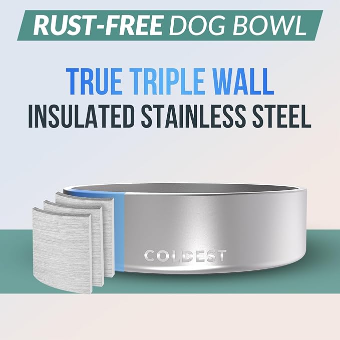 Coldest Dog Bowl, Anti Rust Metal & Non Slip Dog Bowls Large, Spill Proof Heavy Duty 3 Layers Insulated Dog Bowl, Food & Water Bowl for Dogs, Cats, Dishwasher Safe (42 oz, Polished Stainless Steel)