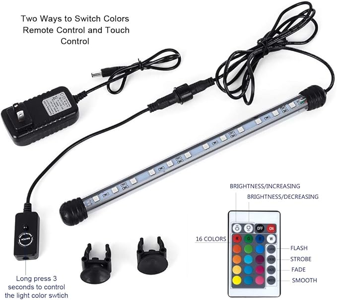 MQ 8 in Submersible LED Aquarium Light, 1.2W Color Changing Fish Tank Light with Remote Control, IP68 Crystal Glass 9 LEDs Lights Bar, for Fish Tank 10-15 inch