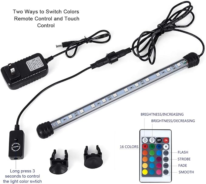 MQ 12 in Submersible LED Aquarium Light, 2W Color Changing Fish Tank Light with Remote Control, IP68 Crystal Glass 12 LEDs Lights Bar, for Fish Tank 15-20 inch