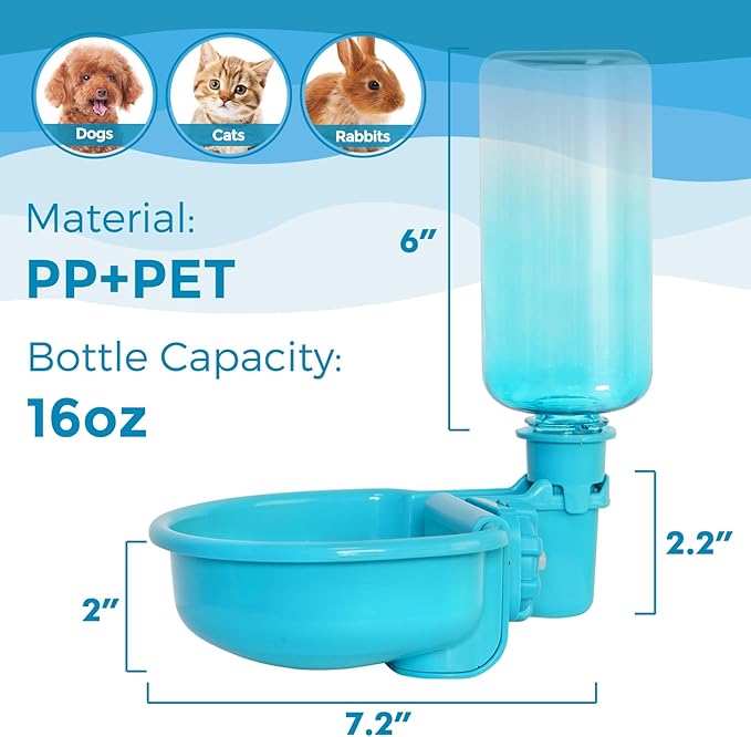 16oz Pet Water Bottle, Gravity Dog Water Bowl Dispenser for Cage, Anti-Overflow Water Dispenser for Small Dogs, Cats, Rabbits and Other Small Animals, BPA Free, Gradient Blue