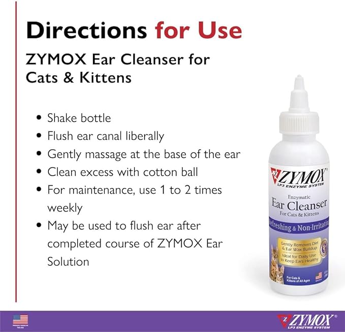 Zymox Enzymatic Ear Cleanser for Cats & Kittens, 4 oz. – Cleans & Refreshes Ear Canal for Relief from Ear Wax & Dirt Buildup