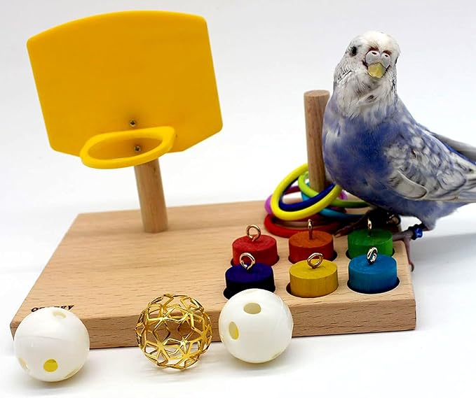 QBLEEV Bird Toys, Budgie Bird Trick Tabletop Toys, Training Basketball Stacking Color Ring Toys Sets, Parrot Chew Ball Foraing Toys, Pet Education Play Gym Playground Activity Cage Foot Toys