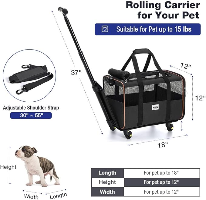 Lekesky Dog Carrier with Wheels Airline Approved for Underseat Pet Carrier on Wheels Rolling Cat Carrier for Small Dogs and Cats, Black