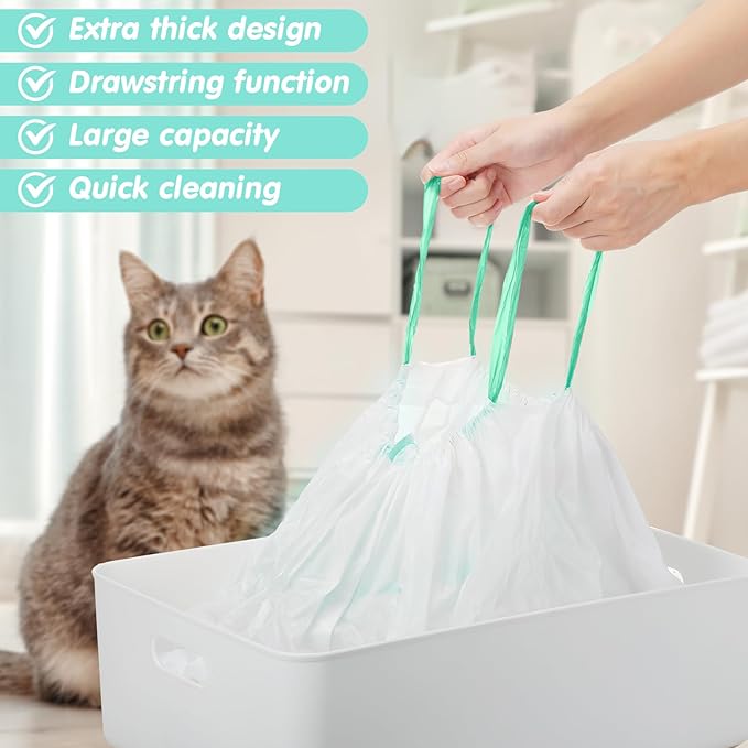 Thenshop 60 Count Litter Box Liners 36'' x 18'' Jumbo Cat Pan bags Drawstring Cat Supplies Extra Large Disposable Cat Litter Bags Cat Box Liners for Trash Waste Litter Box Tidy (Green)