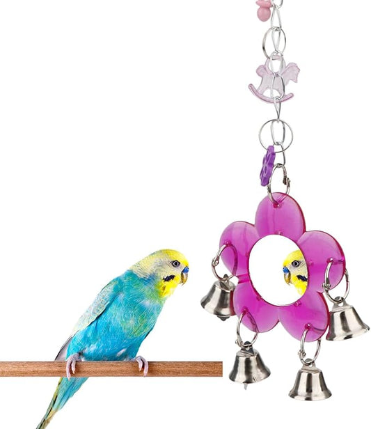 Hypeety Pet Bird Mirror with Bell Interactive Parrot Toy for Parrot Macaw African Greys Budgies Cockatoo Parakeet Cockatiels Conure Lovebird Cage Bells Mirror (B)