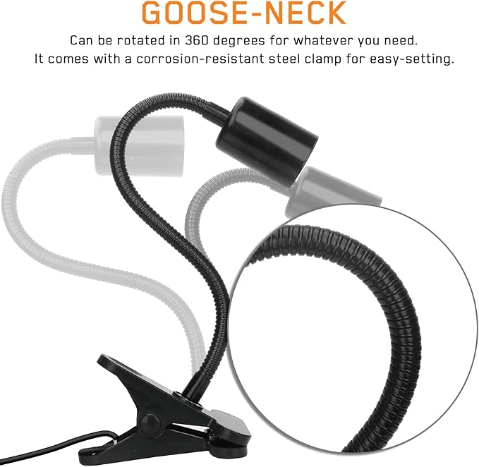 Reptile Heat Lamp,Timed Heating Lamp with Clamp, Adjustable Habitat Basking Heat Lamp,UVA/UVB Light Lamp 360° Rotatable Clip and Power Adapter for Aquarium(Bulb Included)