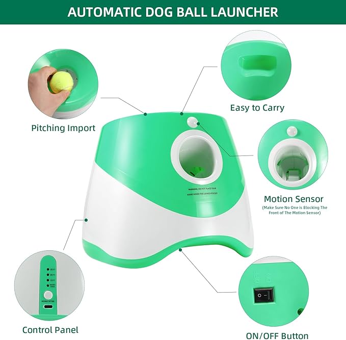 Dog ball thrower launcher,Automatic Ball Launcher for dogs with 12 Tennis Balls,Thrower Distance 10-30ft,interacive Dog Toys Tennis Ball Launcher for Small Dogs(Green ball launcher)