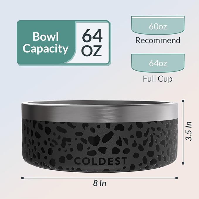 Coldest Dog Bowl - Anti Rust Metal & Non Slip Dog Bowls Large, Spill Proof Heavy Duty 3 Layers Insulated Dog Bowl - Food and Water Bowl for Dogs, Cats & Pets, Dishwasher Safe (64 oz, Black Leopard)