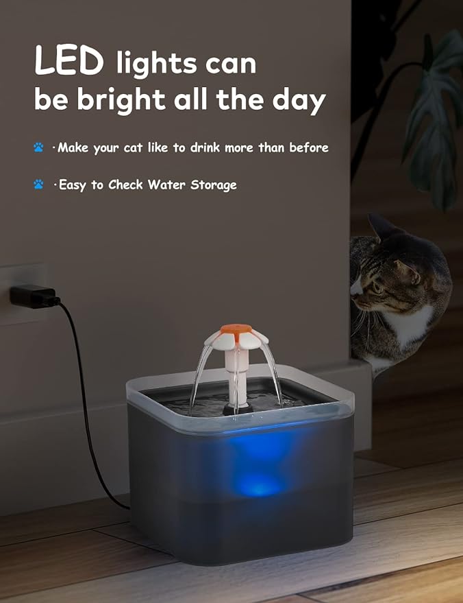 AONBOY Ultra Silent Pet Fountain 67oz/2L, with LED Light, Activated Carbon Filter for Cats and Small Dogs(Gray)