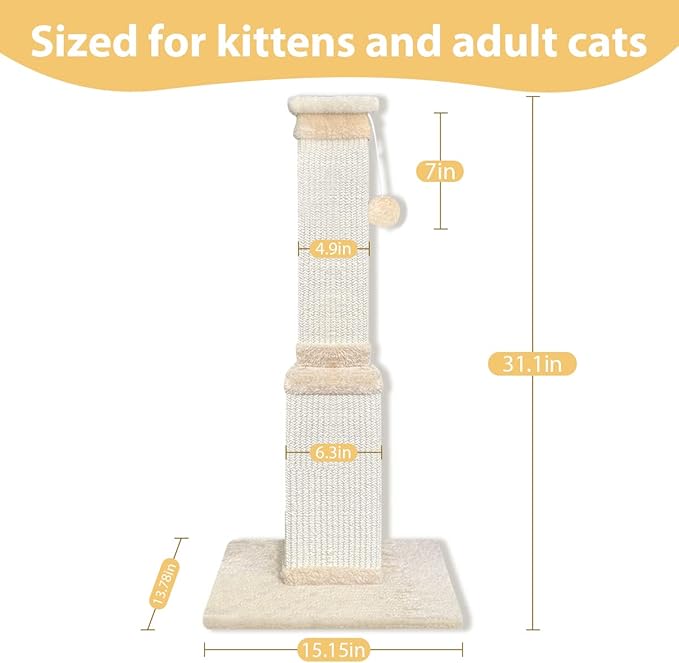 AGYM Cat Scratching Post, 32 Inch Cat Scratching Post for Large Cats, Scratching Posts for Indoor Cats Adults, Cat Scratch Post with Nature Sisal, Beige