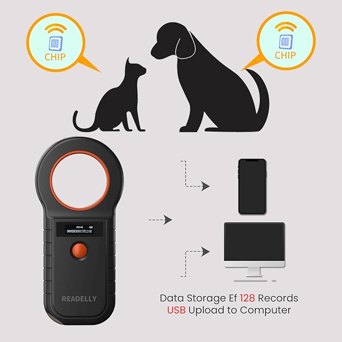 Pet Microchip Scanner, ISO11784/85/FDX-B/EMID 128 Records Data Storage Upload to PC Microchip Scanner Reader for Dog/Pet/Cat/Pig/Animal (Black)