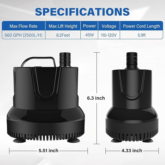 Simple Deluxe 660GPH Bottom Suction Submersible Water Pump (2500L/H, 45W) with 8.2ft High Lift, 3 Nozzles for Fish Tank, Pond, Aquarium, Hydroponics