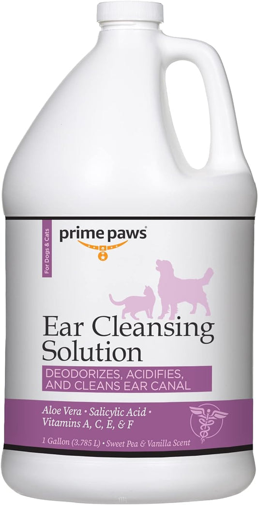 Ear Cleansing Solution for Dogs & Cats - Deodorizing Dog Cleaner with Aloe Vera Vitamins Professional Pet Flush Cleans Acidifies Canal Complete Care 1 gal, White (PRIM1059)