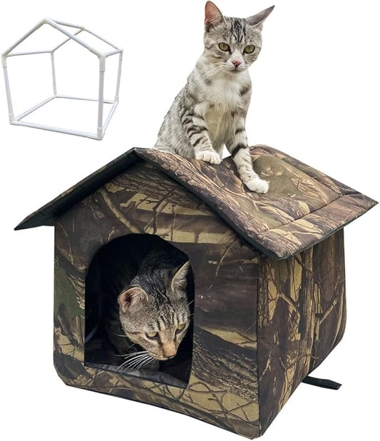 Outdoor/Indoor Faux Woodland Insulated Cat House, Waterproof, Insulated, Concealed, Collapsible, Removable, Easy to Clean. Suitable for Felines or Small Dogs(L)