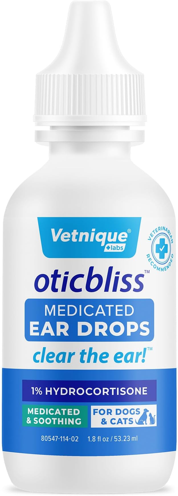 Vetnique Oticbliss Medicated Cat & Dog Ear Cleaner Drops - Dog Ear Infection Treatment with 1% Hydrocortisone to Soothe Itching, Redness, & Swelling - Vet Recommended