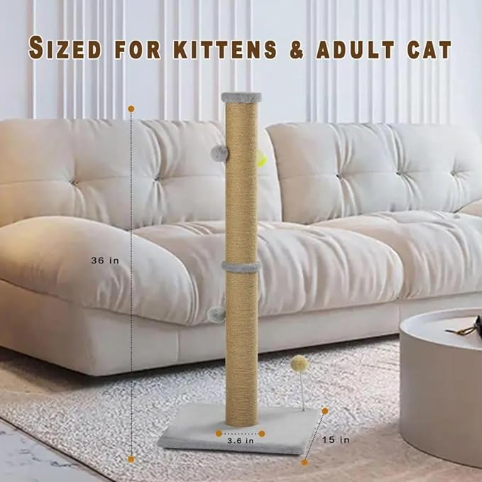 Cat Scratching Post 36 in Tall Large Cat Scratch Post for Indoor Cats with Natural Sisal Rope 3.4 Inch Diameter Scratcher Post Tree Kitten Interactive Toy(Gray)…