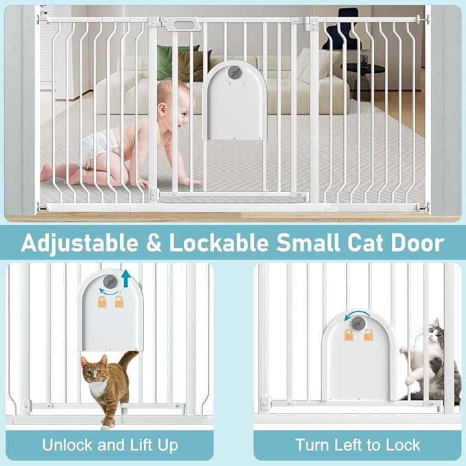 Baby Gate with Cat Door,29.5"-62" Extra Wide Pet Gates with Door Walk Thru, Auto Close Child Safety Gate for Doorways Stairs, Pressure Mounted Metal Dog Gate with Pet Door Adjustable, White