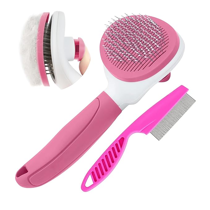 Cat Brushes for Indoor Cats, Dog Brush for Shedding with Metal Cat Comb, Self Cleaning Pet Hair Brush with Release Button for Grooming Kitten(Pink)