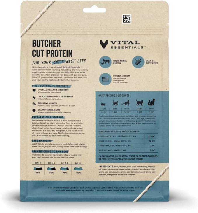 Vital Essentials Freeze Dried Raw Cat Food, Beef & Chicken Mini Nibs Entree, 8 oz