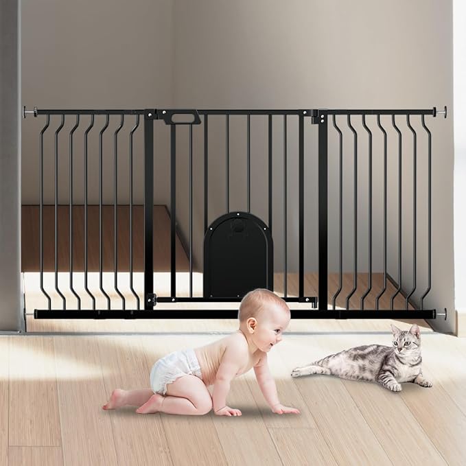 Baby Gate with Cat Door,29.5"-62" Extra Wide Pet Gates with Door Walk Thru, Auto Close Child Safety Gate for Doorways Stairs, Pressure Mounted Metal Dog Gate with Pet Door Adjustable, Black