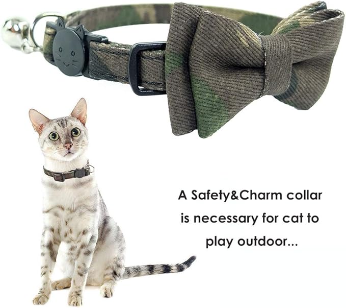 Cat Collar Bowtie with Bell, Quick Release Buckle Safety and Durable Kitties Kittens Cats Breakaway Collar(6.8-10.8in) (Camouflage 2)