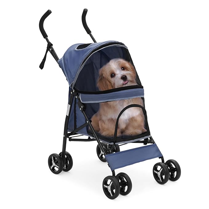 MoNiBloom 4 Wheels Pet Stroller, Easy-Fold Puppy Cage Jogger Stroller with Sun Cover, Pad and Rear Storage Bag, Breathable and Visible Mesh for Small/Medium Pets up to 22 lbs, Navy Blue