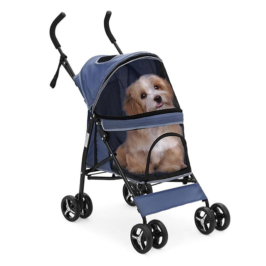 MoNiBloom 4 Wheels Pet Stroller, Easy-Fold Puppy Cage Jogger Stroller with Sun Cover, Pad and Rear Storage Bag, Breathable and Visible Mesh for Small/Medium Pets up to 22 lbs, Navy Blue