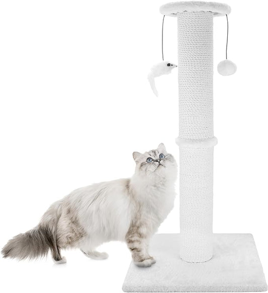 Cat Scratching Post 34 Inches Heavy Duty and Thicker Cat Scratching Post Sisal Rope with Hanging Ball and Mice Scratching Post for Indoor Cats and Adult(White)