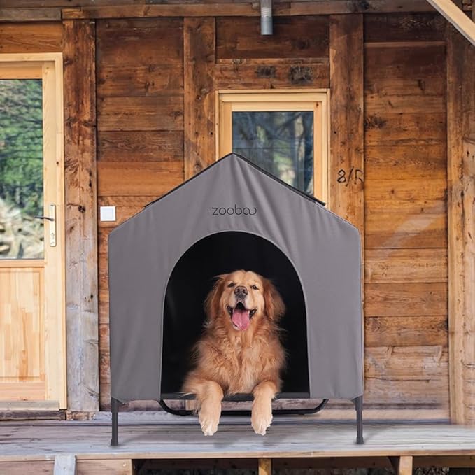 42” Outdoor Dog House for Large Breeds, Durable Large Dog Shelter with Weatherproof 600D PVC Canopy, Breathable 2x1 Textilene Fabric Elevated Dog Bed, XL Dog Kennel for Outside Use