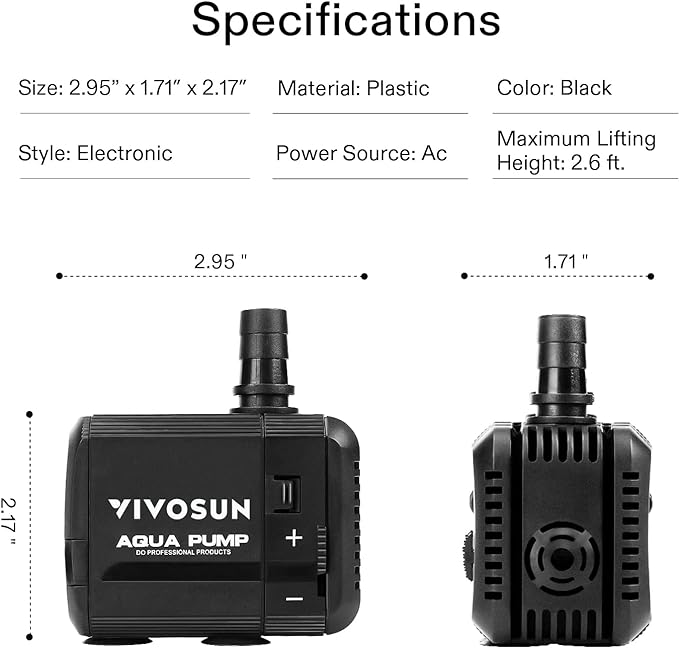 VIVOSUN 130GPH Submersible Pump(500L/H, 6W), Ultra Quiet Water Pump with 2.6ft High Lift, Fountain Pump with 5ft Power Cord, 2 Nozzles for Fish Tank, Pond, Aquarium, Statuary, Hydroponics