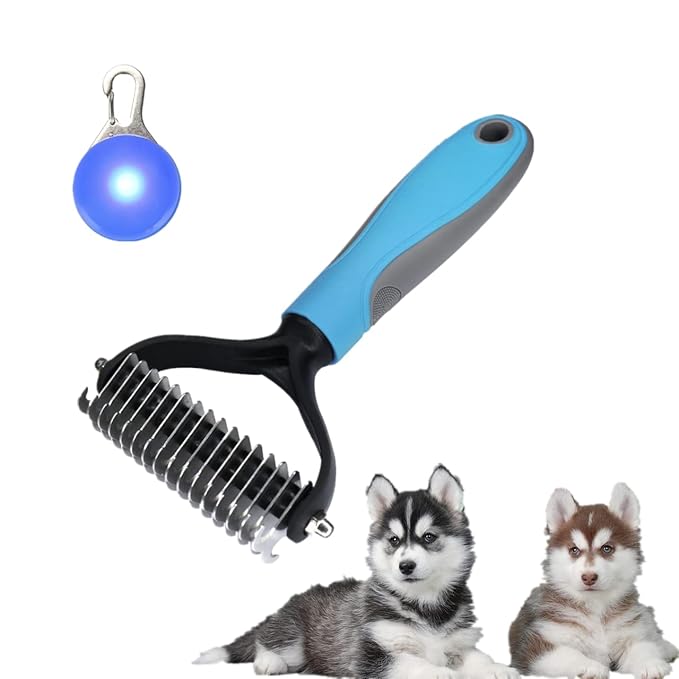 Pet Grooming Tool - 2 Sided Undercoat Rake for Cats & Dogs with Clip-on Dog Cat Collar Lights - Safe Dematting Comb for Easy Mats & Tangles Removing