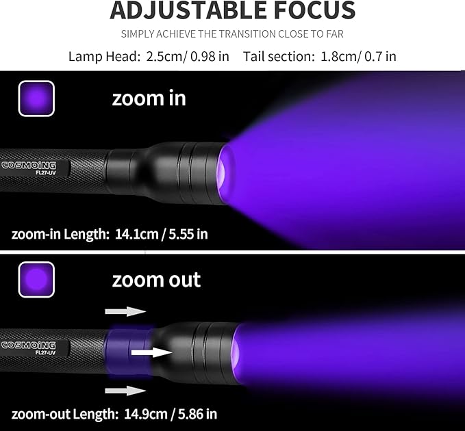 395nm UV Flashlight, Zoomable Pen Blacklight Flashlight with 2xAA Battery Ultraviolet Flashlight Pet Urine Detector for Cat Dog Stains, Scorpion, Bed Bug