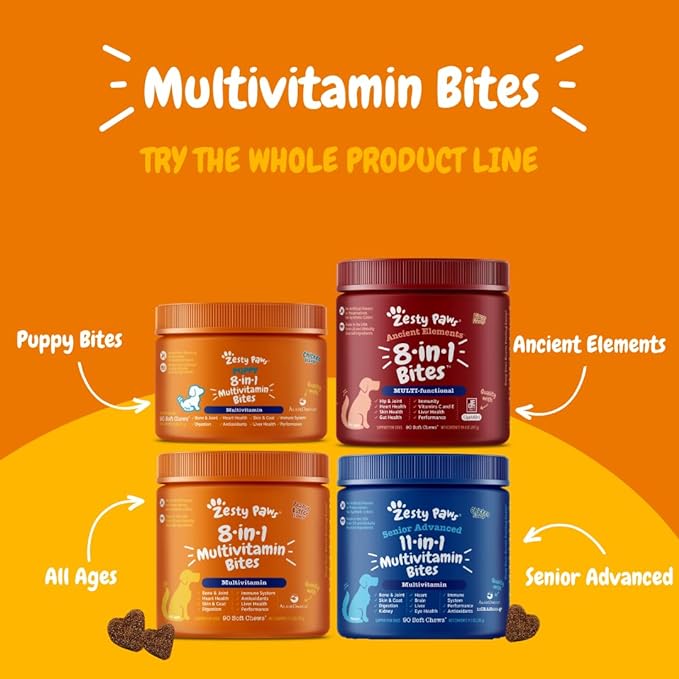 Zesty Paws Multivitamin Treats for Dogs - Glucosamine Chondroitin for Joint Support + Digestive Enzymes & Probiotics - Grain Free Dog Vitamin for Skin & Coat + Immune Health - 250 Count