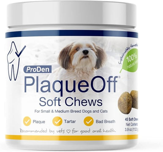 ProDen PlaqueOff Soft Chews with Natural Kelp - for Small & Medium Breed Dogs & Cats - Supports Normal, Healthy Teeth, Gums, and Breath Odor in Dogs & Cats - 45 Soft Chews
