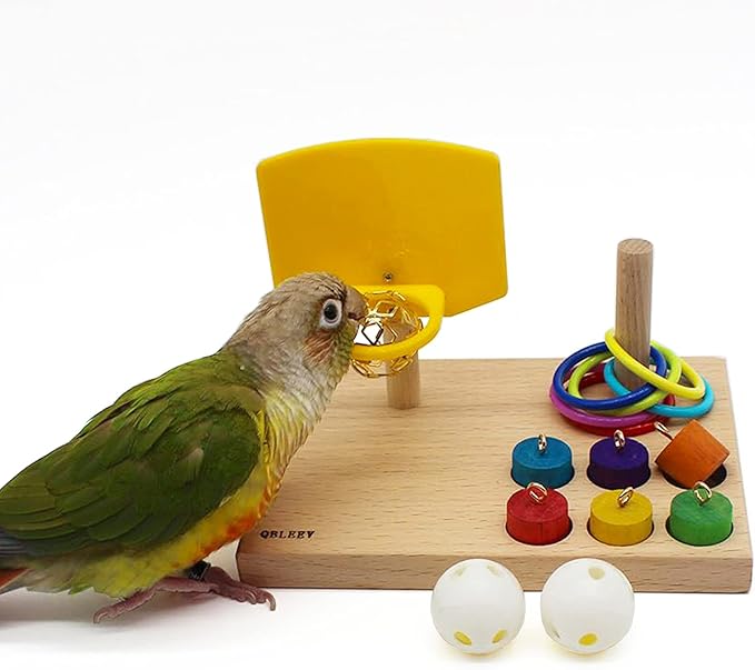 QBLEEV Bird Toys, Budgie Bird Trick Tabletop Toys, Training Basketball Stacking Color Ring Toys Sets, Parrot Chew Ball Foraing Toys, Pet Education Play Gym Playground Activity Cage Foot Toys