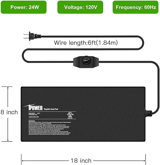 iPower 8 by 18-Inch Reptile Heat Mat with Temperature Adjustable Controller Knob, LCD Digital Aquarium Thermometer, Under Tank Warmer Terrarium Heat Pad for Reptiles and Amphibians